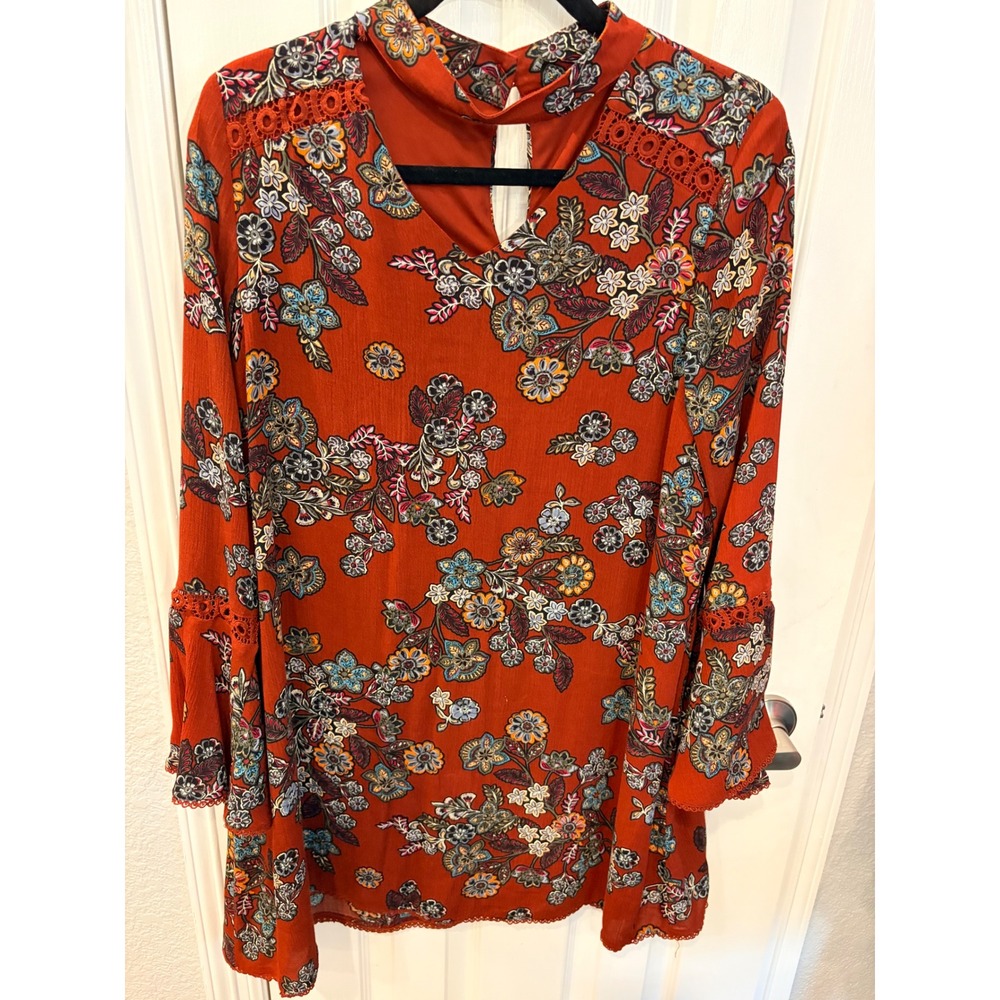 Blu Pepper Mini Dress Rust Orange Floral Crochet Trim Mock Neck Boho